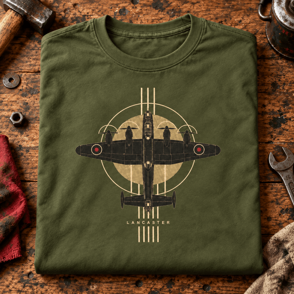 Lancaster Bomber Top View t-shirt in Military Green, folded on a workshop bench, showing the front print