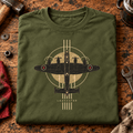 Lancaster Bomber Top View t-shirt in Military Green, folded on a workshop bench, showing the front print