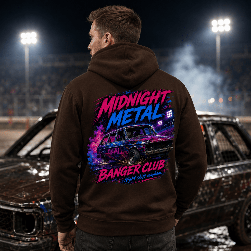 Model wearing Camberline Charcoal Grey hoodie showing Last Lap Lunatics British oval racing back graphic