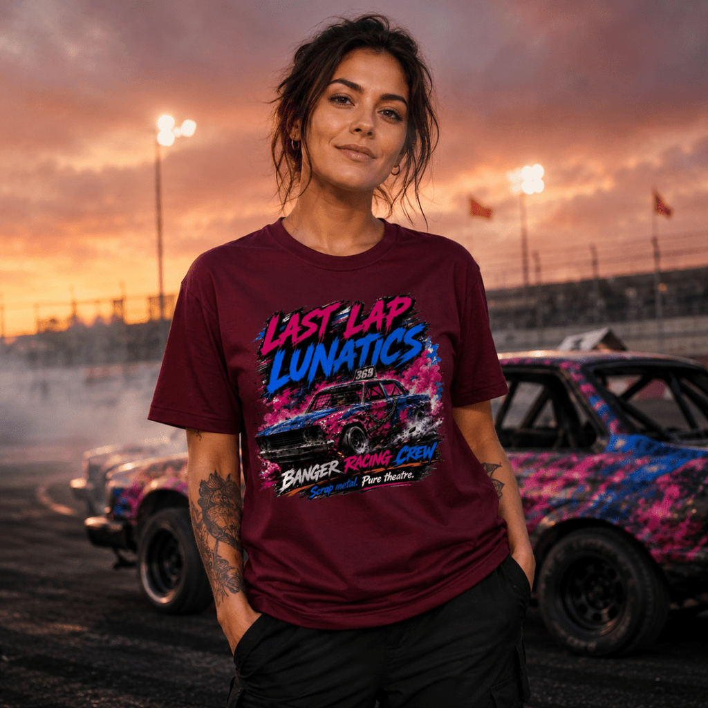 Model wearing Camberline Maroon t-shirt showing Last Lap Lunatics Neon Banger British oval racing front graphic