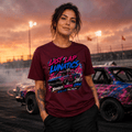 Model wearing Camberline Maroon t-shirt showing Last Lap Lunatics Neon Banger British oval racing front graphic