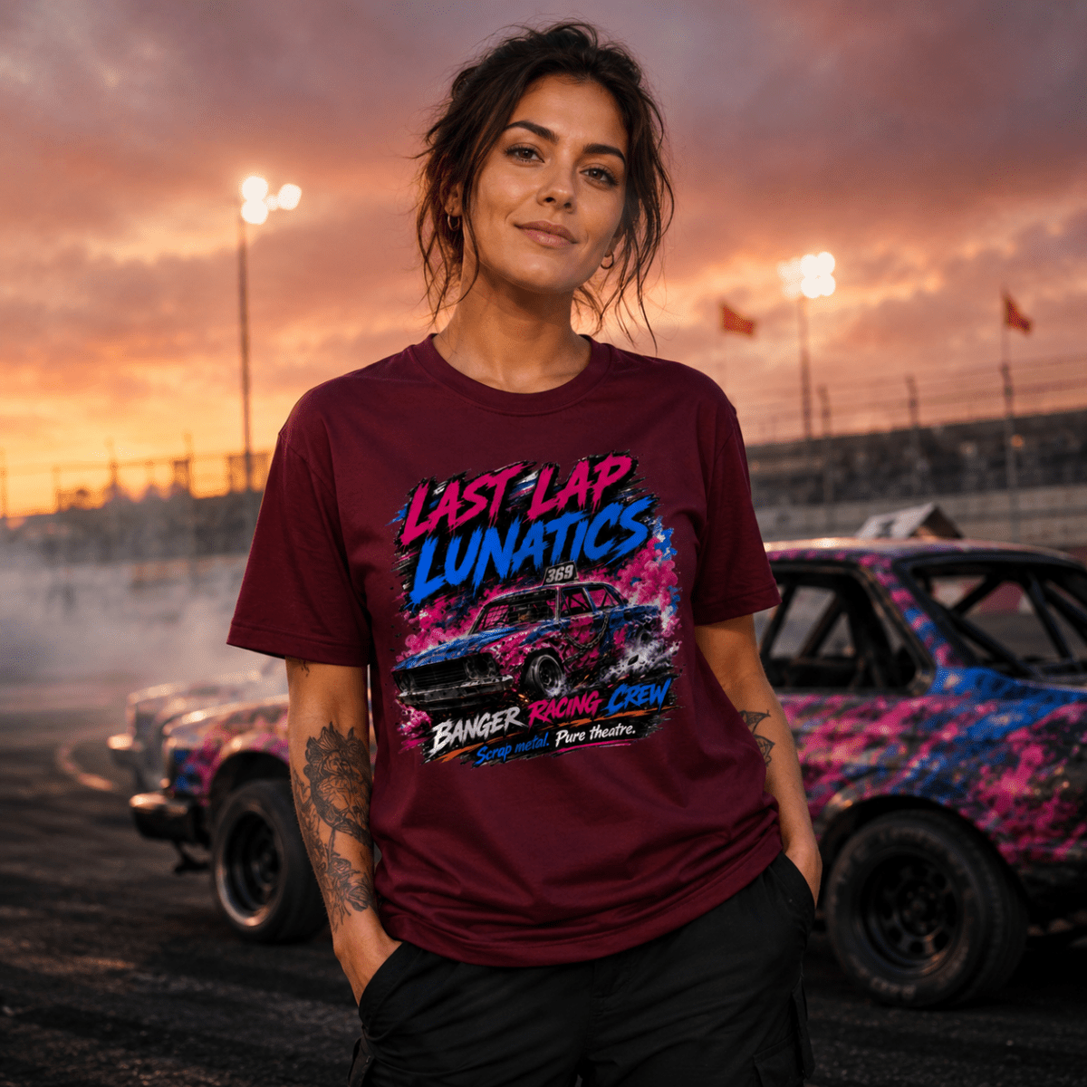 Model wearing Camberline Maroon t-shirt showing Last Lap Lunatics Neon Banger British oval racing front graphic