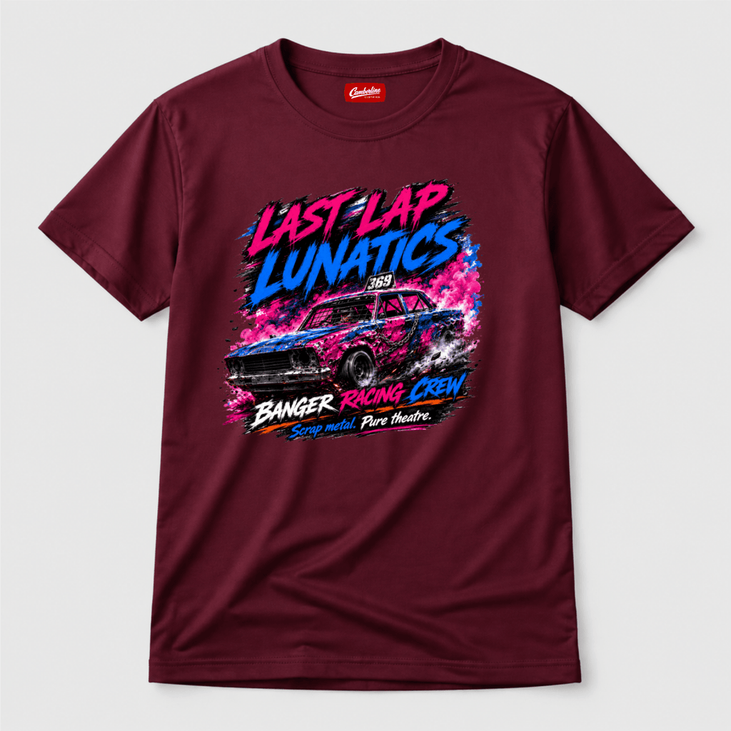 Camberline Last Lap Lunatics Neon Banger Maroon t-shirt, front graphic for British oval racing fans