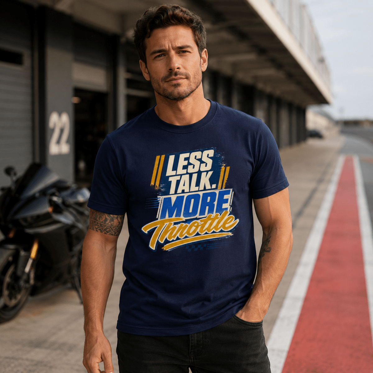 Less Talk More Throttle Script t-shirt navy — Camberline