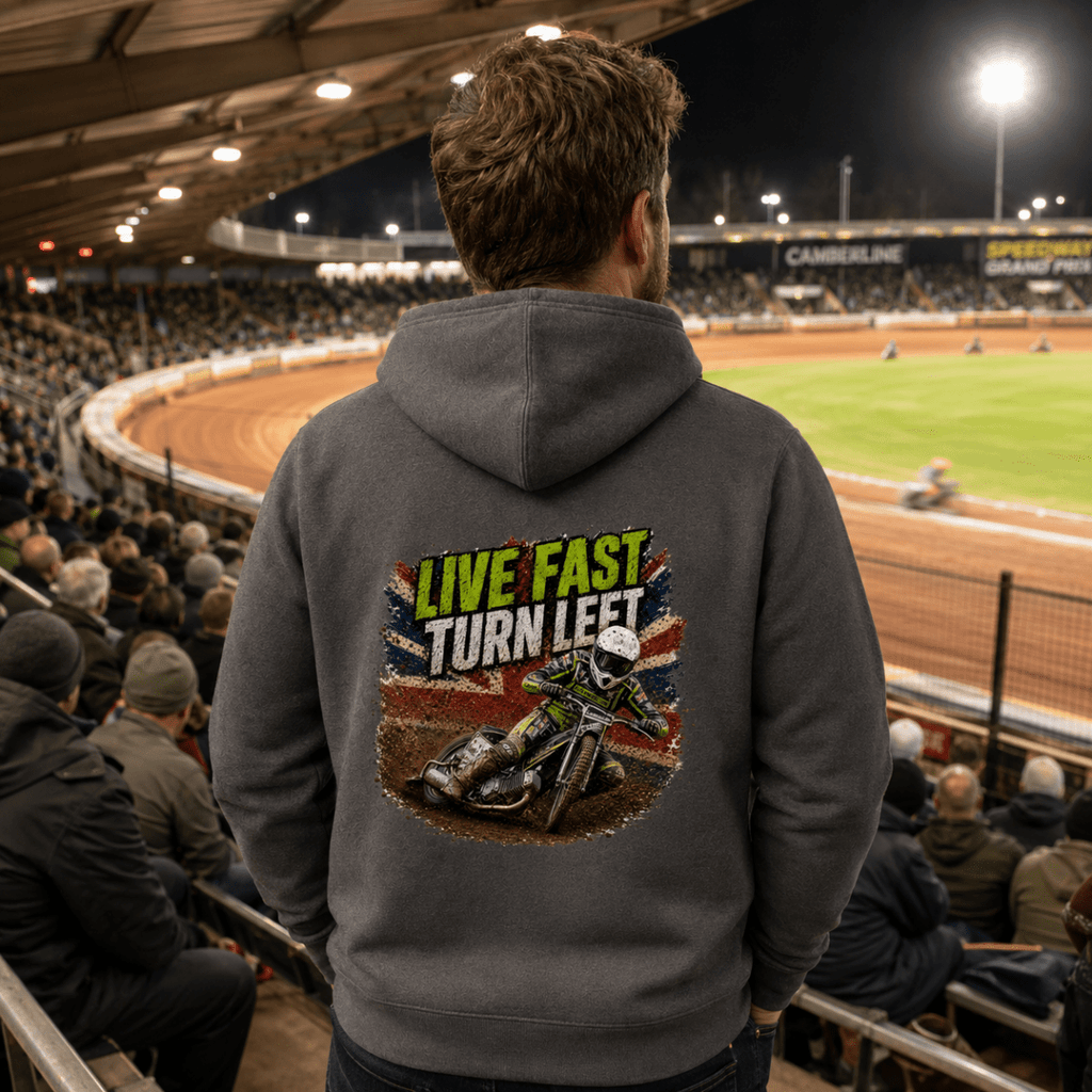 Model wearing Camberline hoodie showing Live Fast Turn Left Neon Speedway back graphic