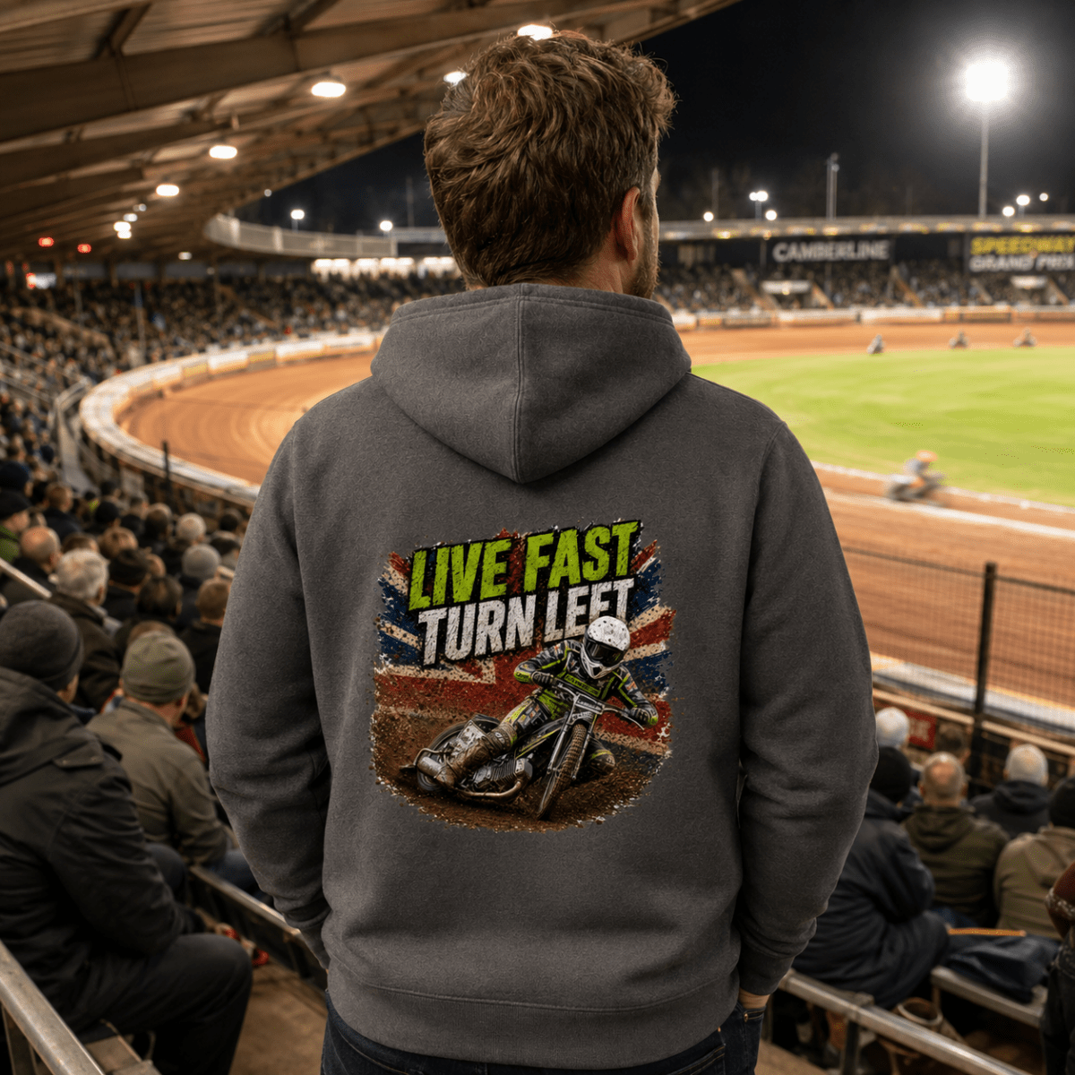 Model wearing Camberline hoodie showing Live Fast Turn Left Neon Speedway back graphic