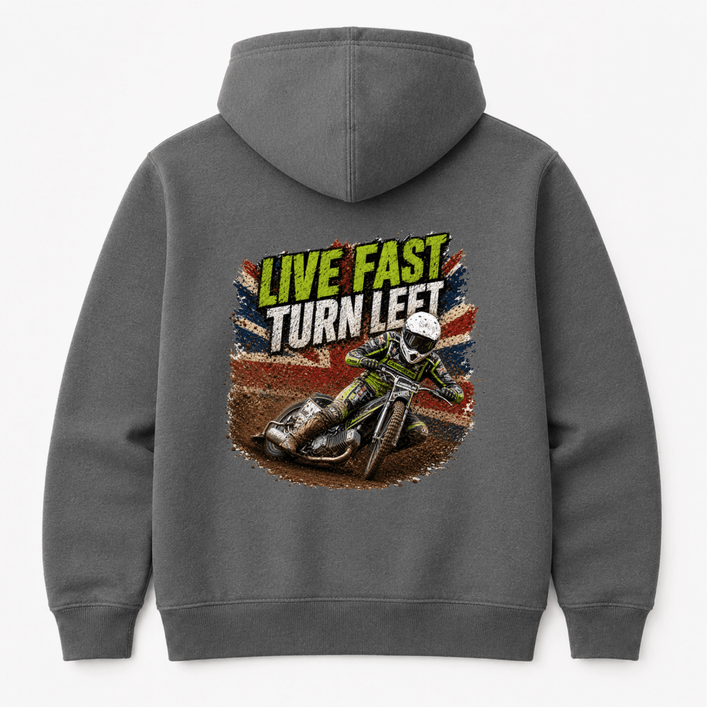 Charcoal Camberline hoodie showing Live Fast Turn Left Neon Speedway back graphic