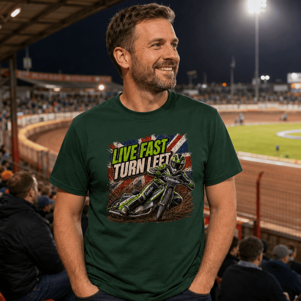 Model wearing Camberline t-shirt showing Live Fast Turn Left Neon Speedway front graphic