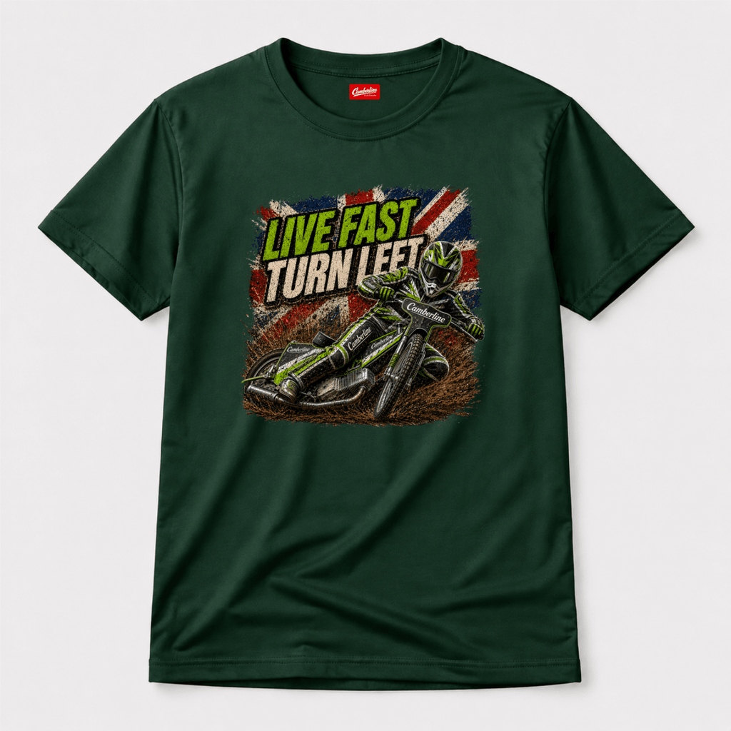 Forest Green Camberline t-shirt showing Live Fast Turn Left Neon Speedway front graphic