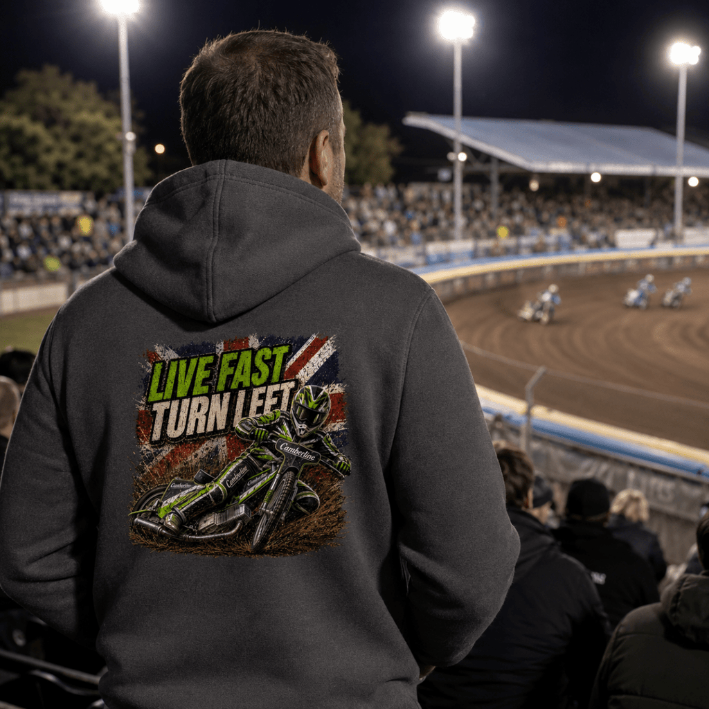 Model wearing Camberline hoodie showing Live Fast Turn Left Neon Speedway back graphic