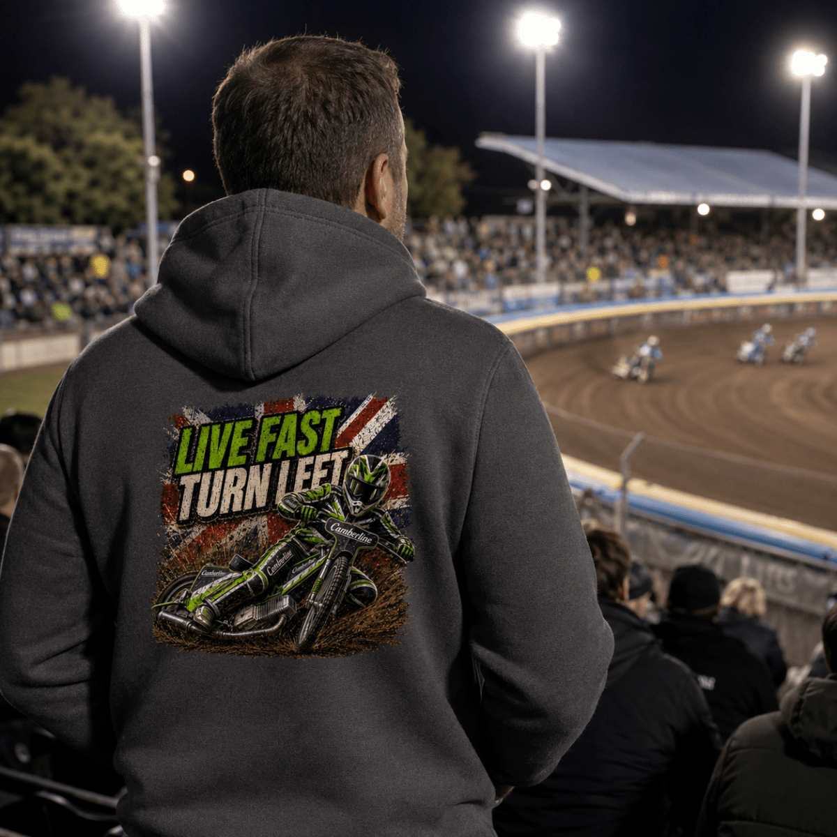 Model wearing Camberline hoodie showing Live Fast Turn Left Neon Speedway back graphic