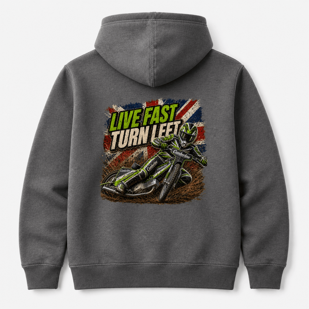 Charcoal Camberline hoodie showing Live Fast Turn Left Neon Speedway back graphic
