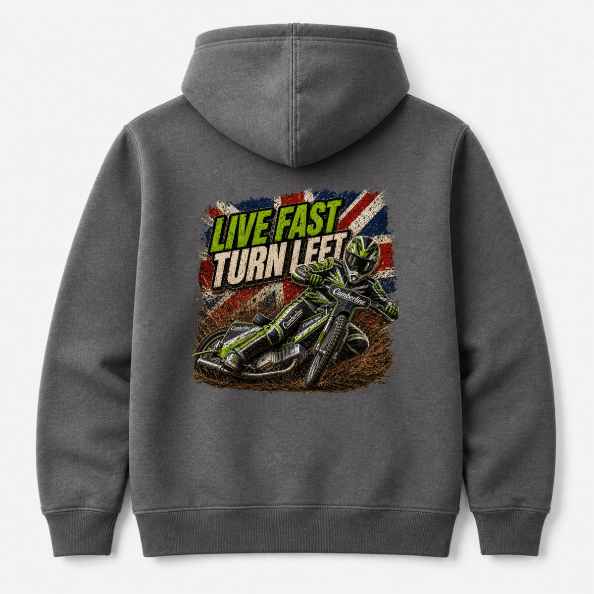 Charcoal Camberline hoodie showing Live Fast Turn Left Neon Speedway back graphic