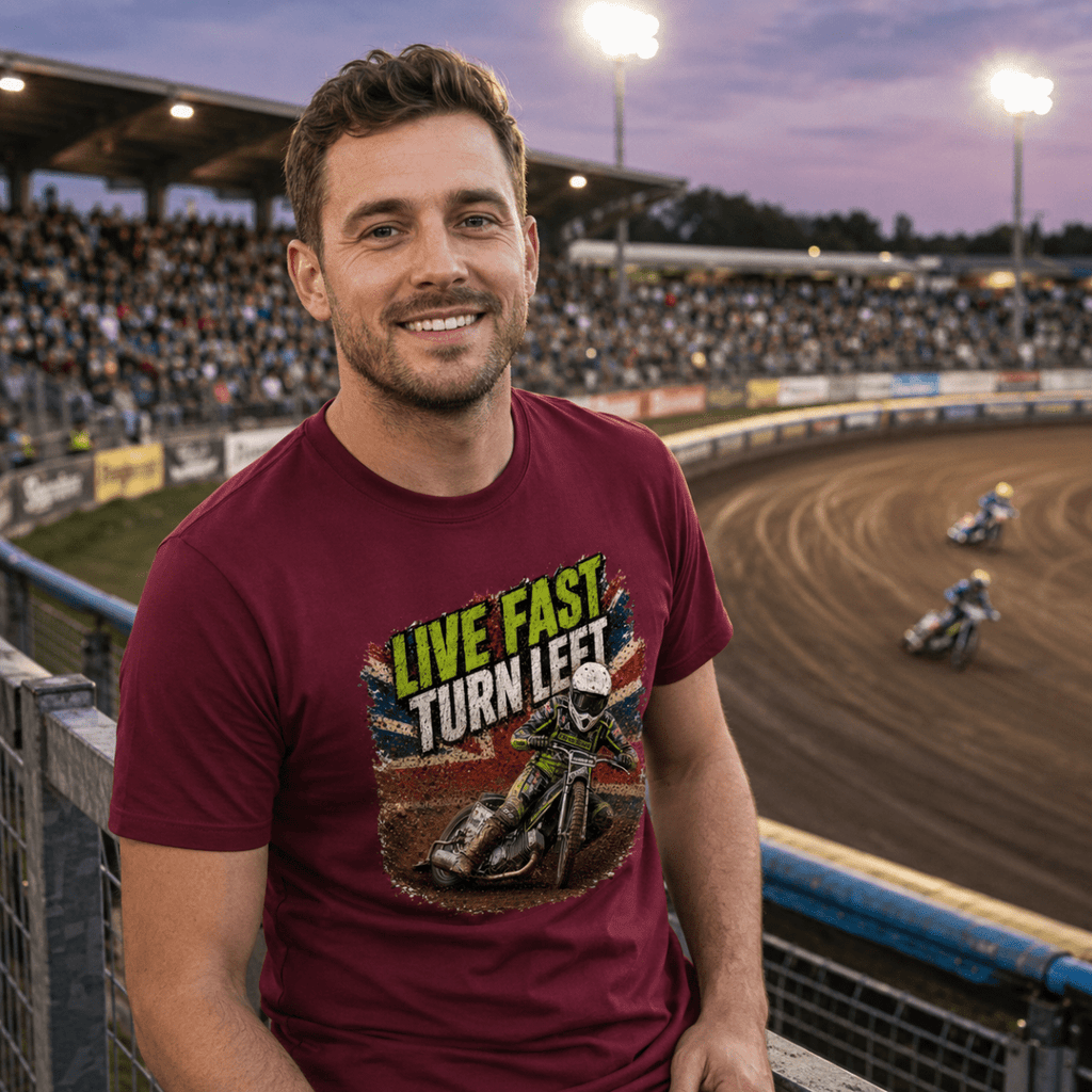 Model wearing Camberline t-shirt showing Live Fast Turn Left Speedway Bike front graphic