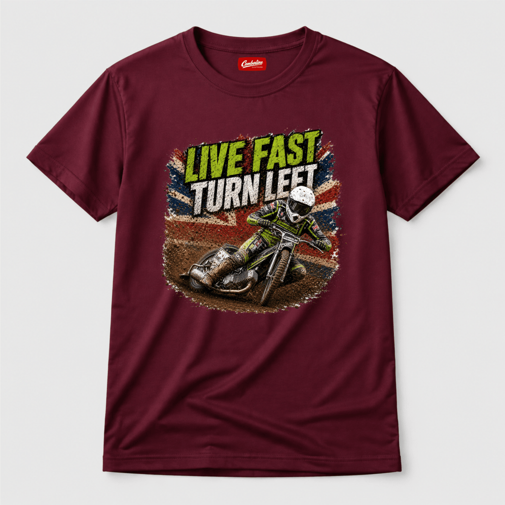 Maroon Camberline t-shirt showing Live Fast Turn Left Speedway Bike front graphic