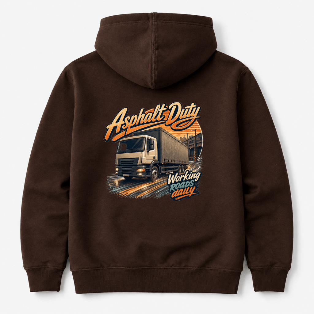 Camberline Asphalt Duty Curtainside Hoodie showing the back graphic print for lorries and haulage clothing