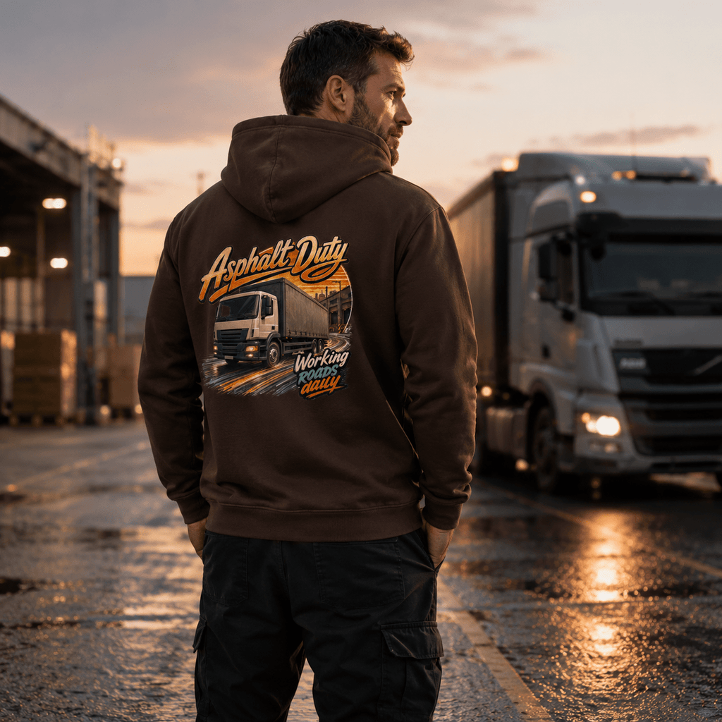 Model wearing the Camberline Asphalt Duty Curtainside Hoodie with lorry graphic clothing design