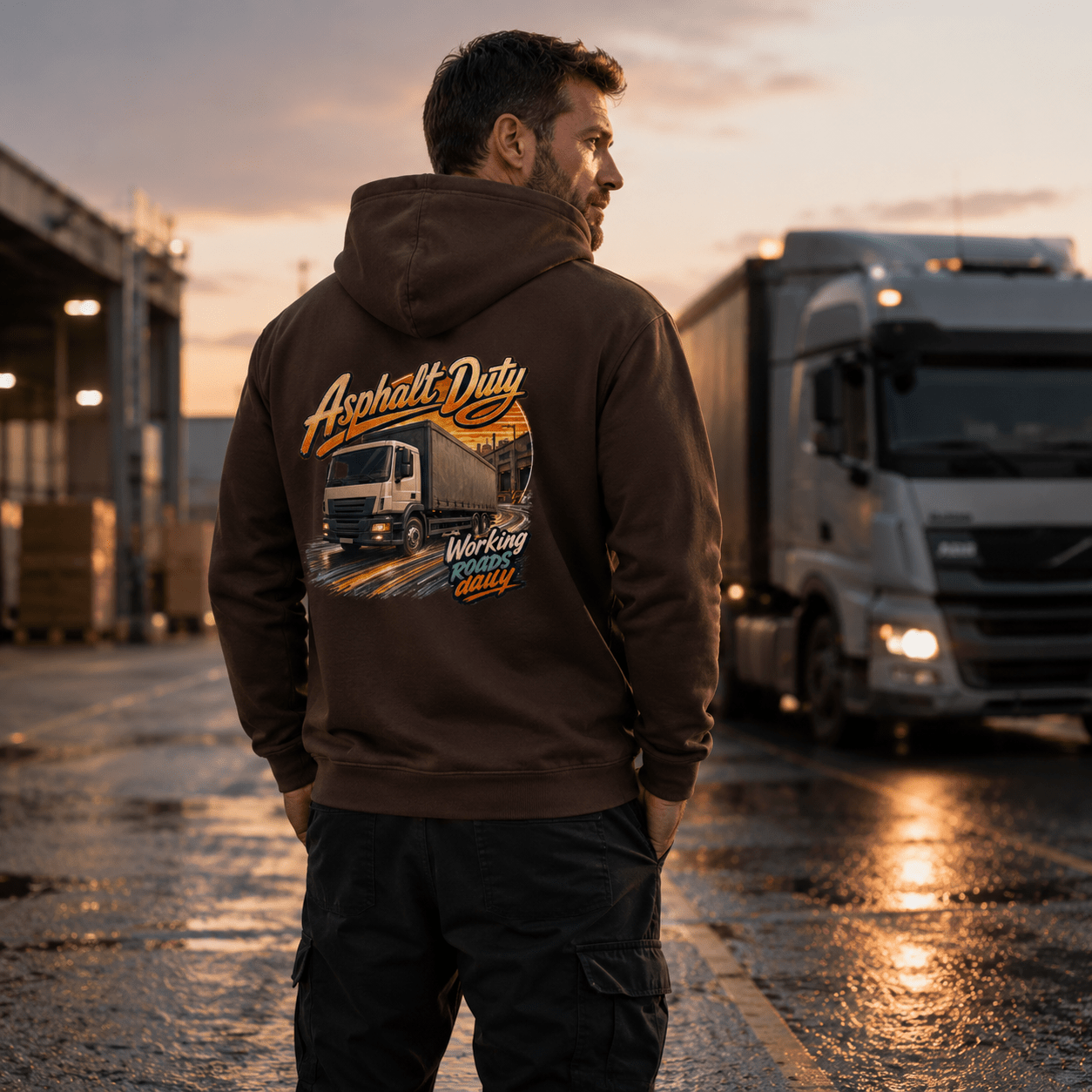 Model wearing the Camberline Asphalt Duty Curtainside Hoodie with lorry graphic clothing design