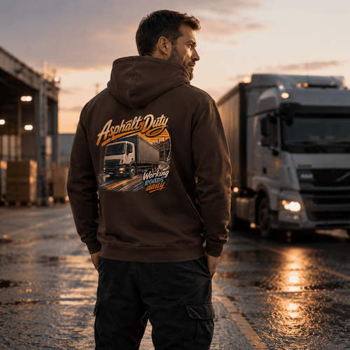 Model wearing the Camberline Asphalt Duty Curtainside Hoodie with lorry graphic clothing design