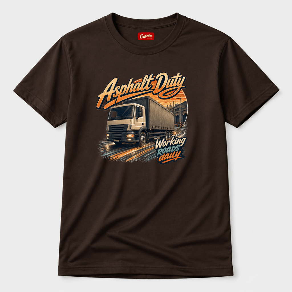 Camberline Asphalt Duty Curtainside T-Shirt showing the front graphic print for lorries and haulage clothing