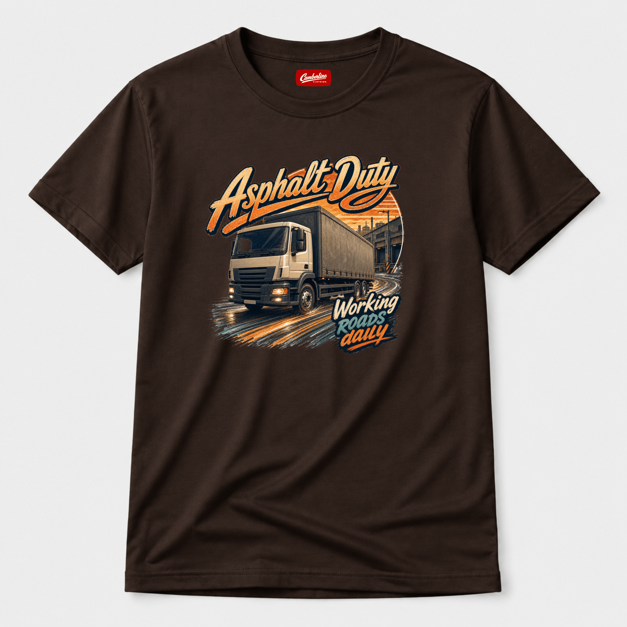 Camberline Asphalt Duty Curtainside T-Shirt showing the front graphic print for lorries and haulage clothing