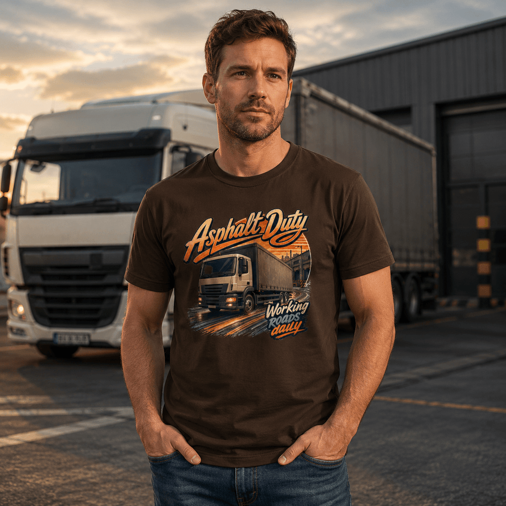 Model wearing the Camberline Asphalt Duty Curtainside T-Shirt with lorry graphic clothing design