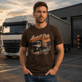 Model wearing the Camberline Asphalt Duty Curtainside T-Shirt with lorry graphic clothing design