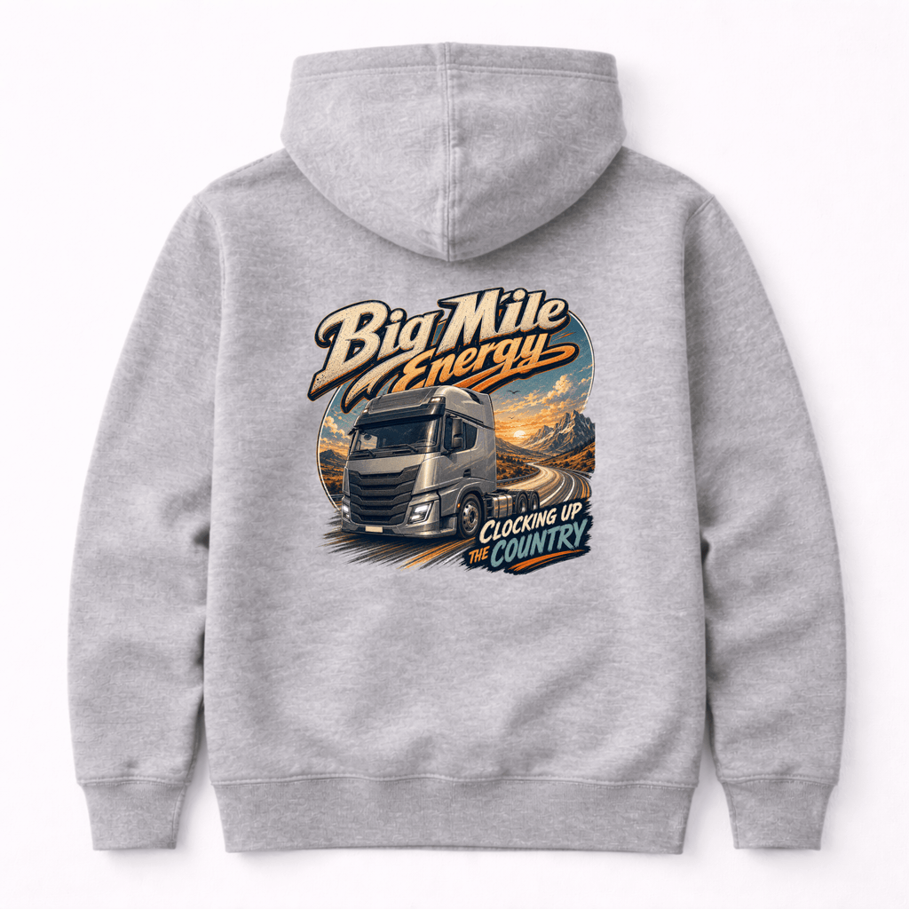 Camberline Big Mile Energy Lorry Hoodie showing the back graphic print for lorries and haulage clothing