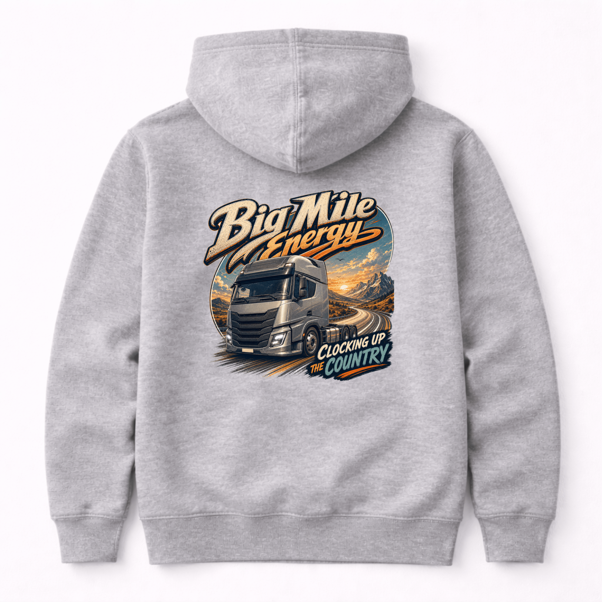 Camberline Big Mile Energy Lorry Hoodie showing the back graphic print for lorries and haulage clothing