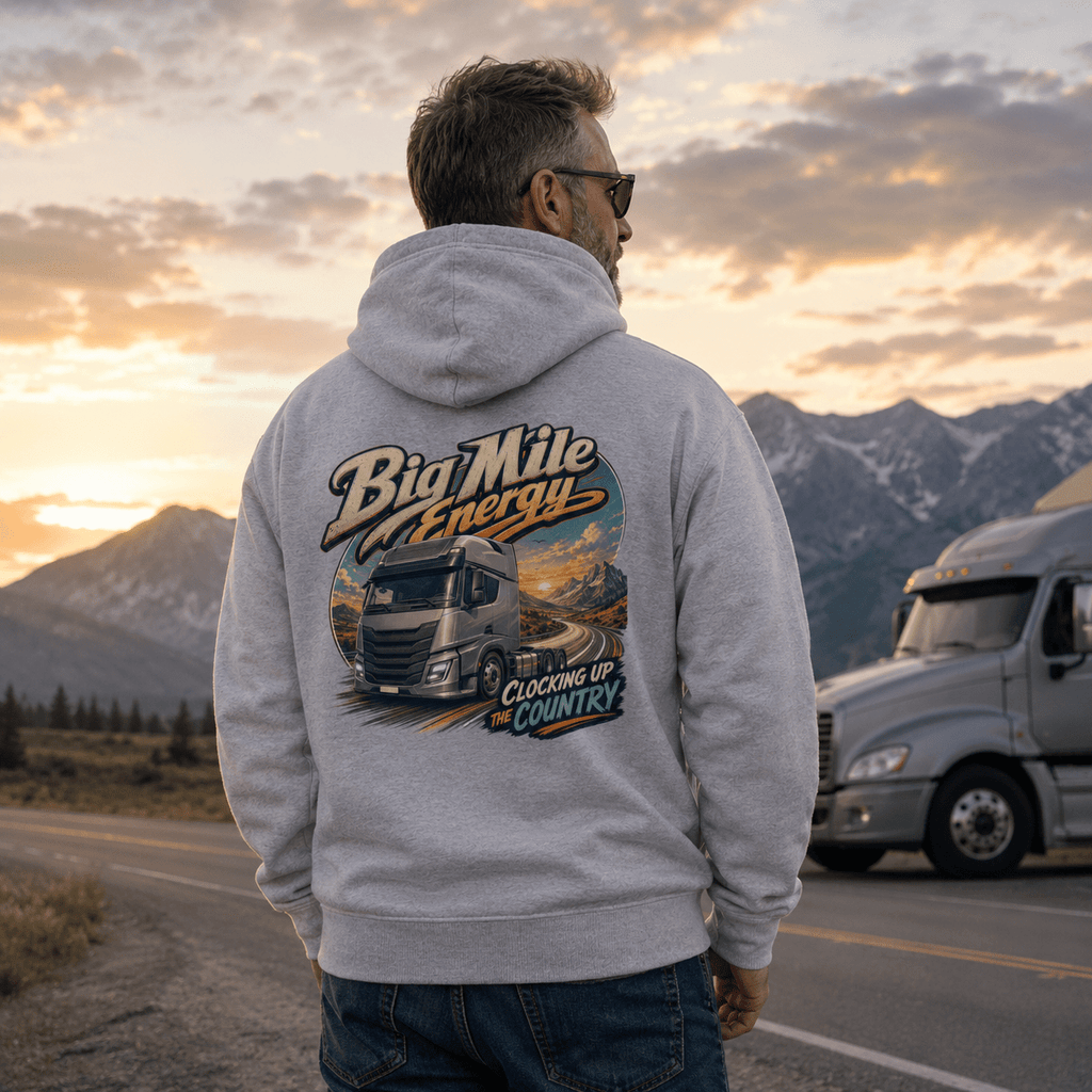 Model wearing the Camberline Big Mile Energy Lorry Hoodie with lorry graphic clothing design
