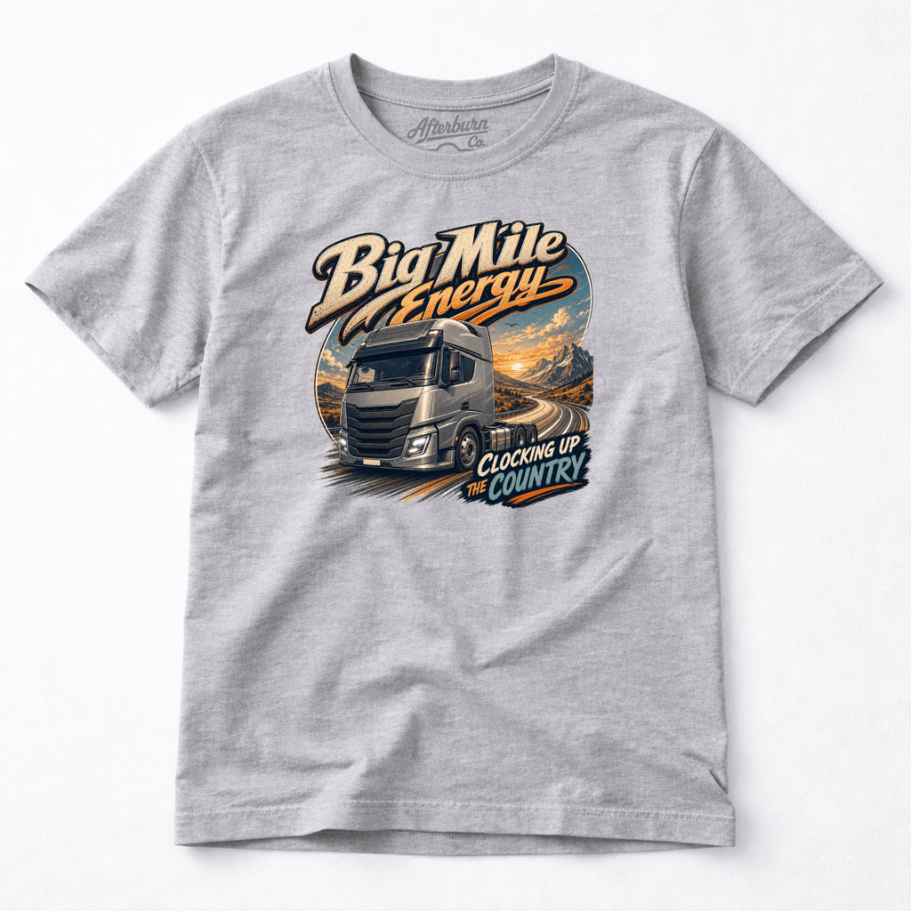 Camberline Big Mile Energy Lorry T-Shirt showing the front graphic print for lorries and haulage clothing