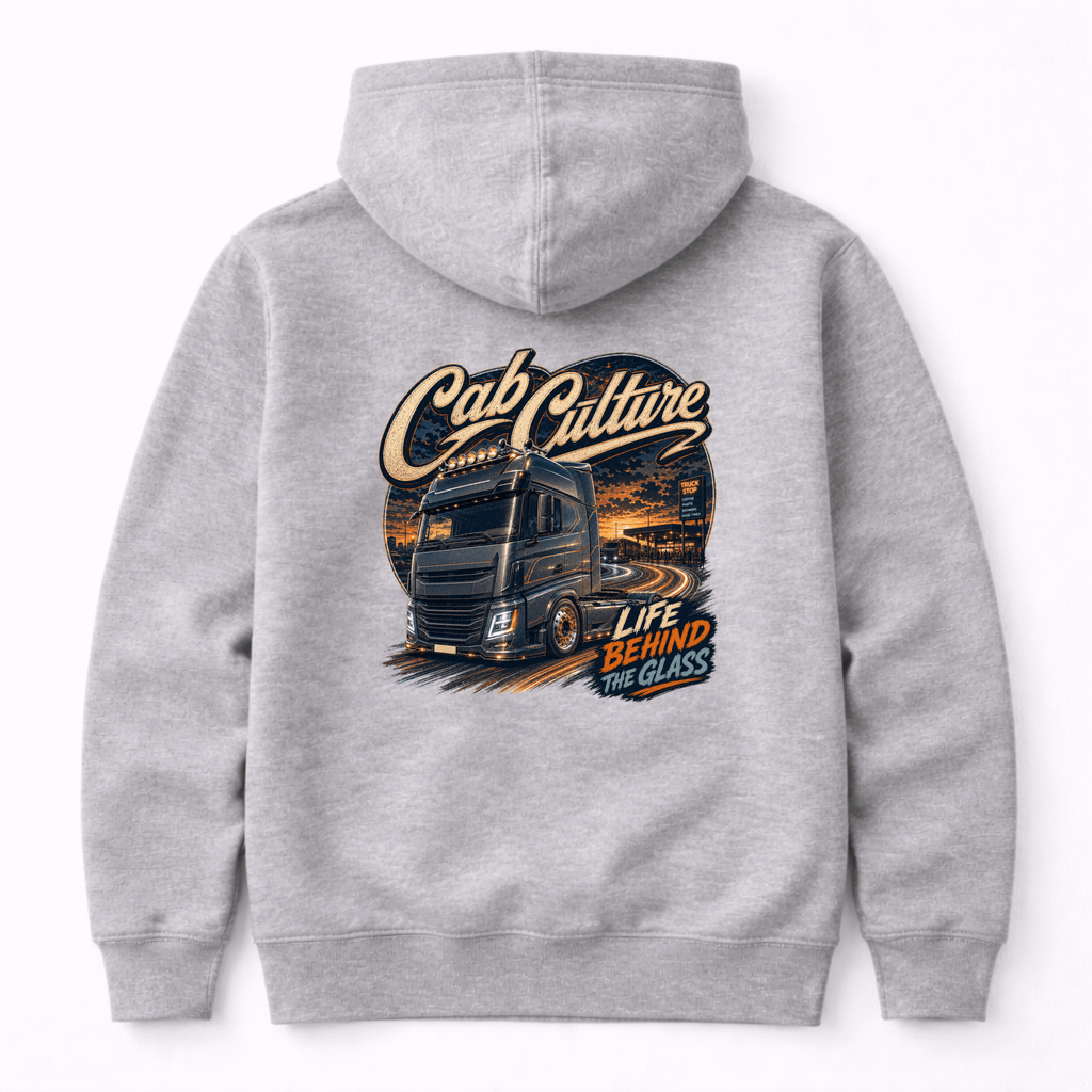 Camberline Cab Culture Lorry Hoodie showing the back graphic print for lorries and haulage clothing
