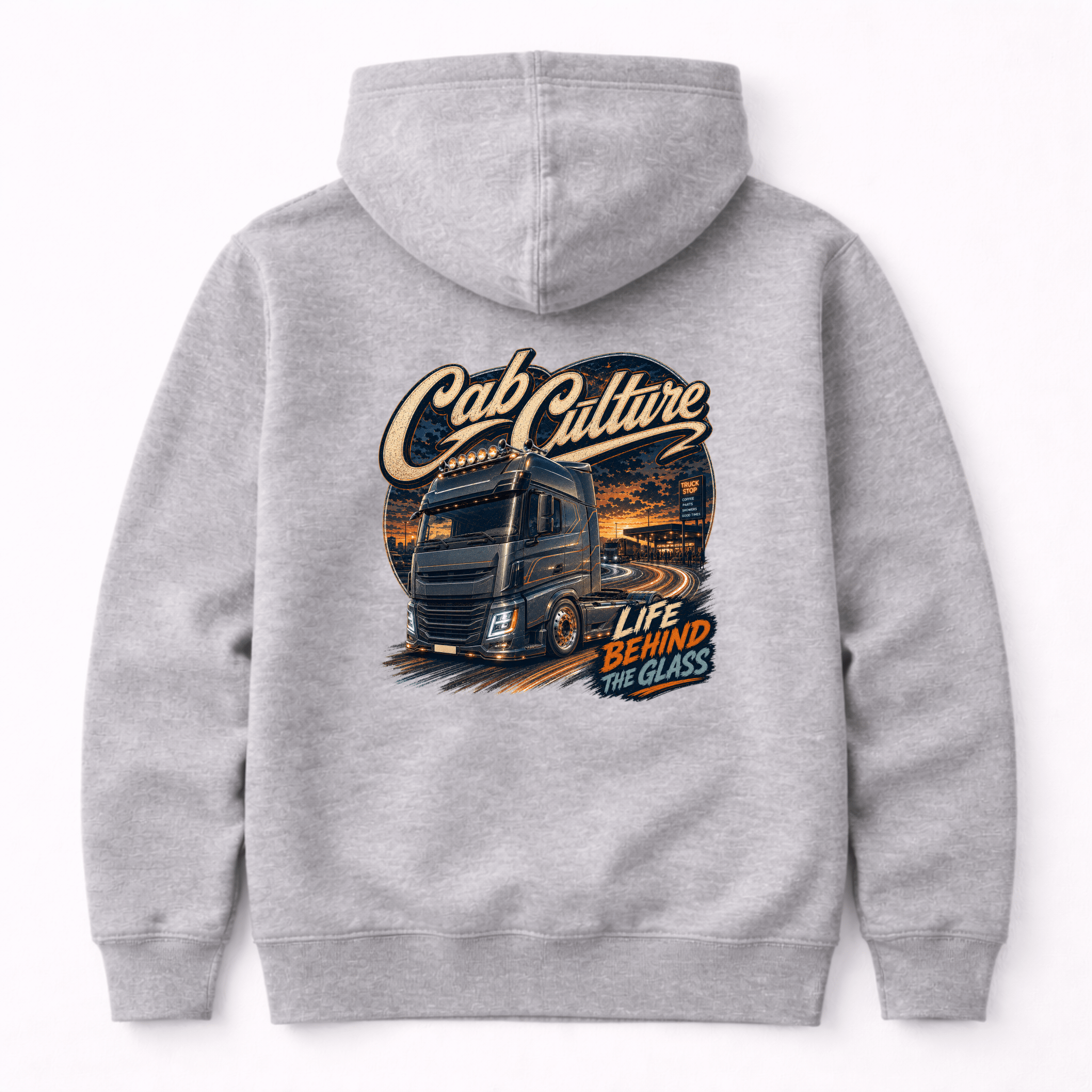 Camberline Cab Culture Lorry Hoodie showing the back graphic print for lorries and haulage clothing