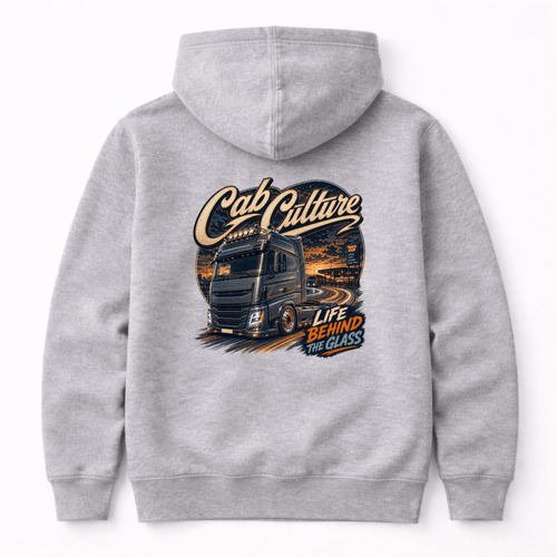 Camberline Cab Culture Lorry Hoodie showing the back graphic print for lorries and haulage clothing