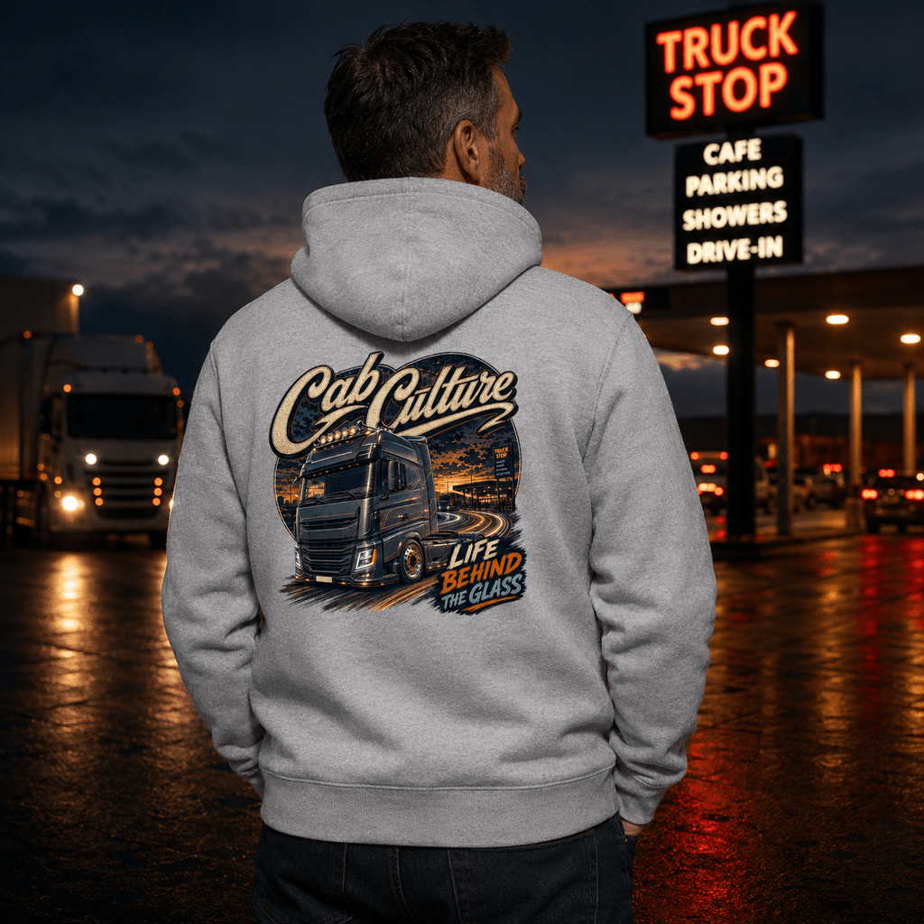 Model wearing the Camberline Cab Culture Lorry Hoodie with lorry graphic clothing design