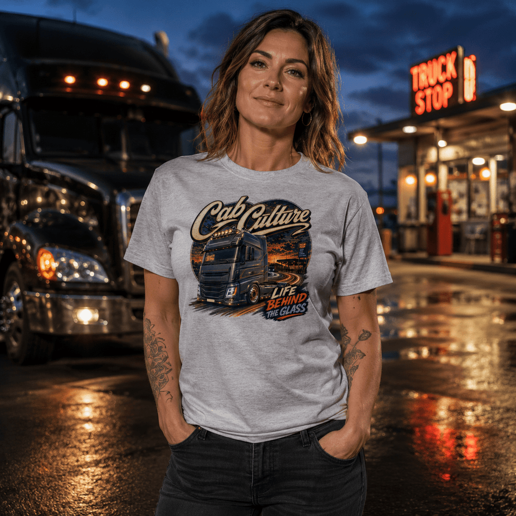 Model wearing the Camberline Cab Culture Lorry T-Shirt with lorry graphic clothing design