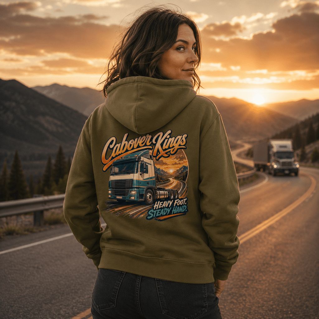 Model wearing the Camberline Cabover Kings Lorry Hoodie with lorry graphic clothing design