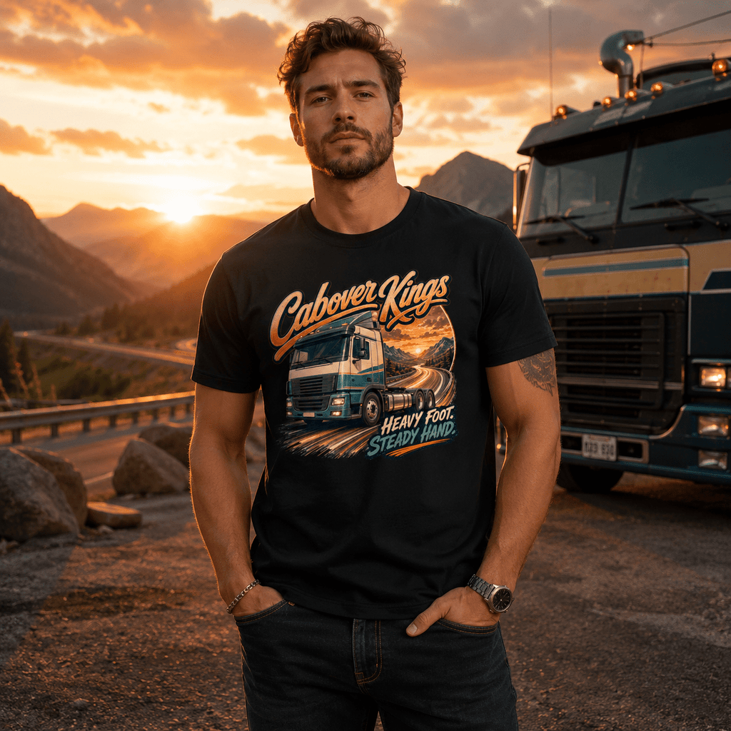 Model wearing the Camberline Cabover Kings Lorry T-Shirt with lorry graphic clothing design