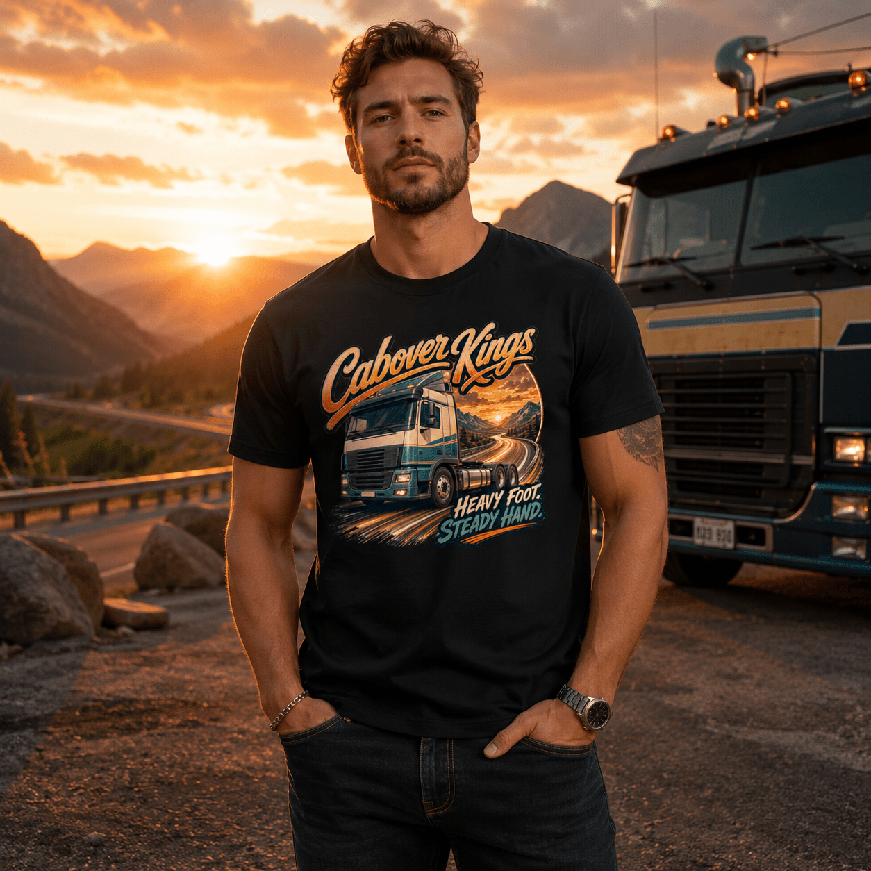 Model wearing the Camberline Cabover Kings Lorry T-Shirt with lorry graphic clothing design