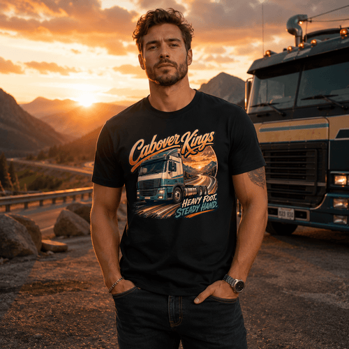 Model wearing the Camberline Cabover Kings Lorry T-Shirt with lorry graphic clothing design