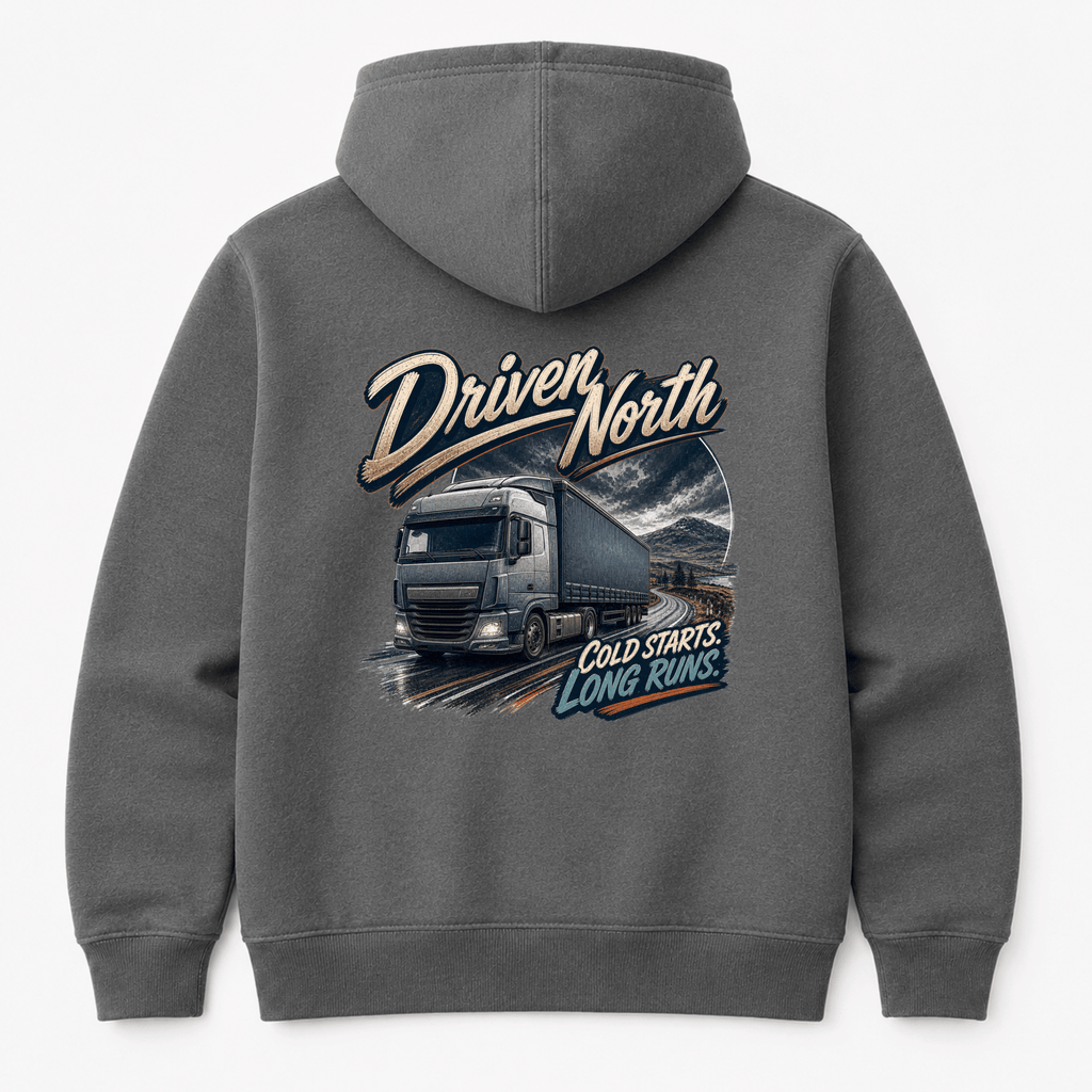 Camberline Driven North Curtainside Hoodie showing the back graphic print for lorries and haulage clothing
