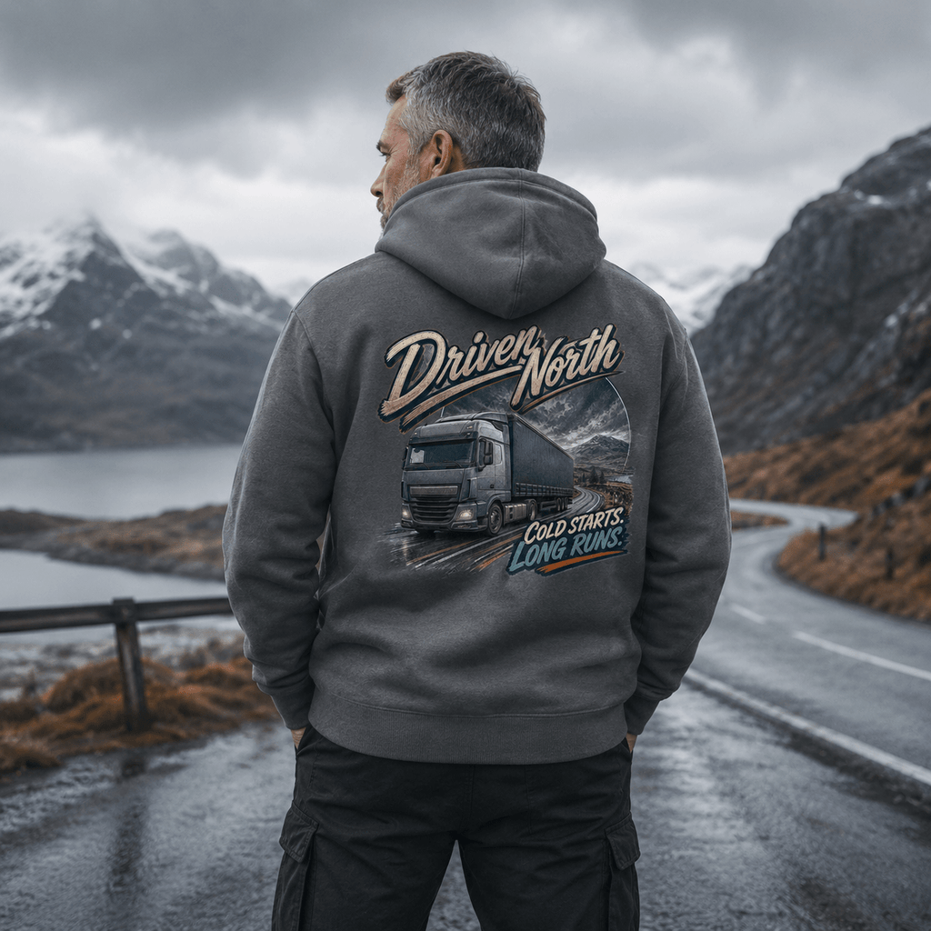 Model wearing the Camberline Driven North Curtainside Hoodie with lorry graphic clothing design