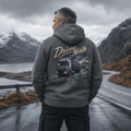 Model wearing the Camberline Driven North Curtainside Hoodie with lorry graphic clothing design