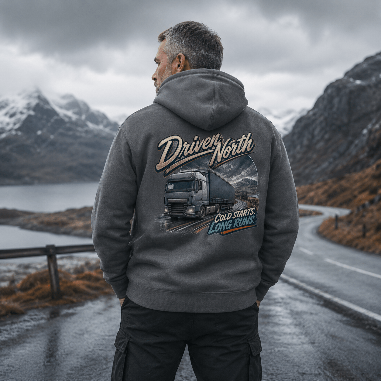 Model wearing the Camberline Driven North Curtainside Hoodie with lorry graphic clothing design