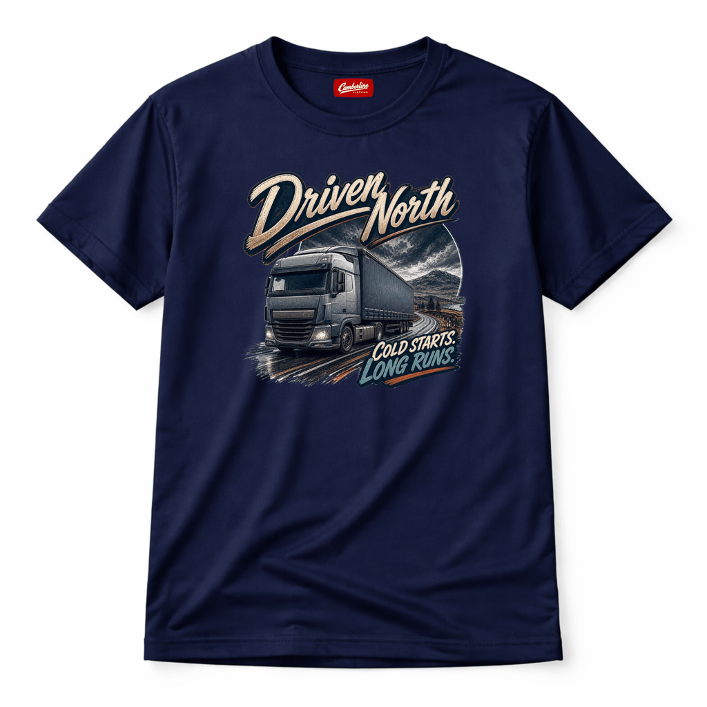 Camberline Driven North Curtainside T-Shirt showing the front graphic print for lorries and haulage clothing