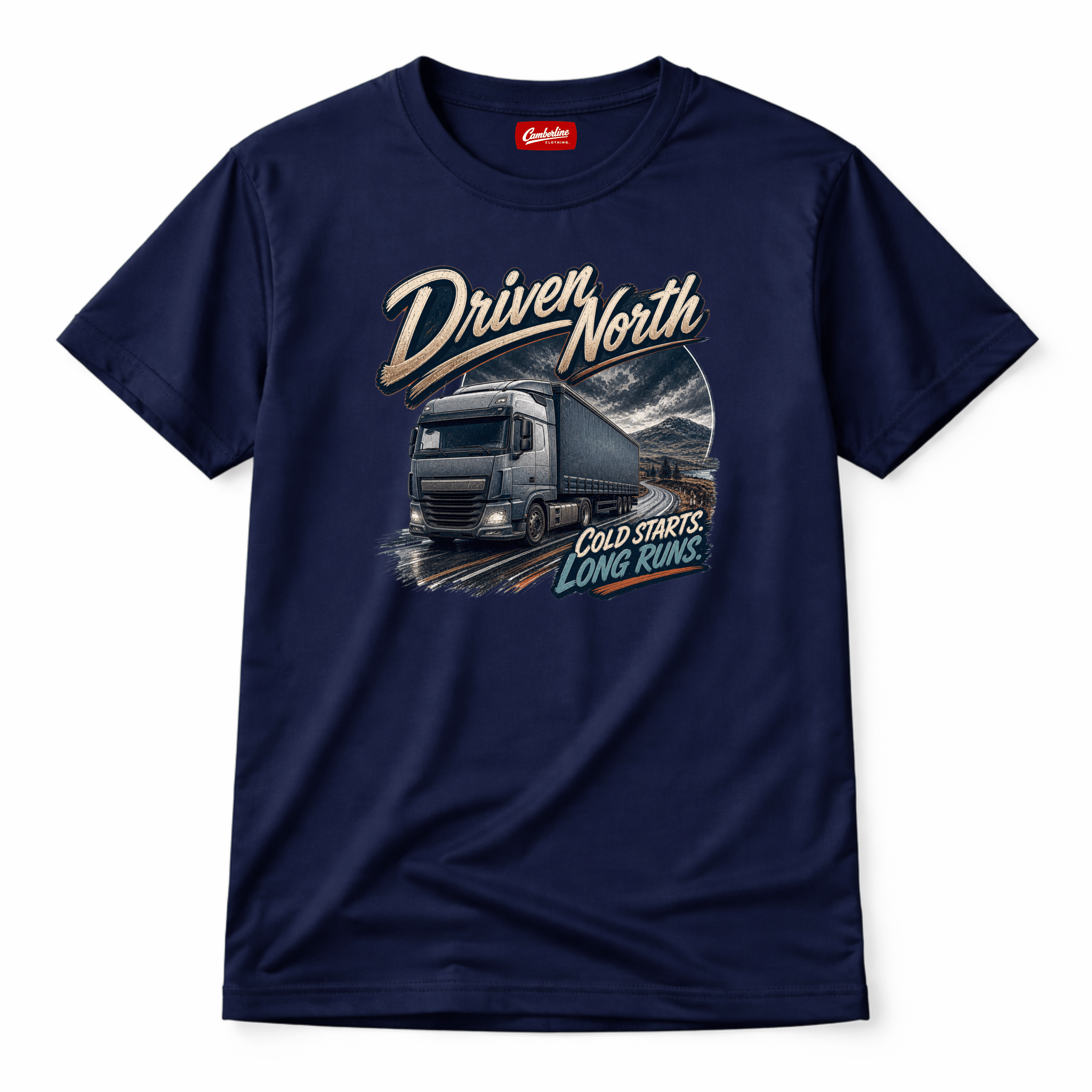 Camberline Driven North Curtainside T-Shirt showing the front graphic print for lorries and haulage clothing