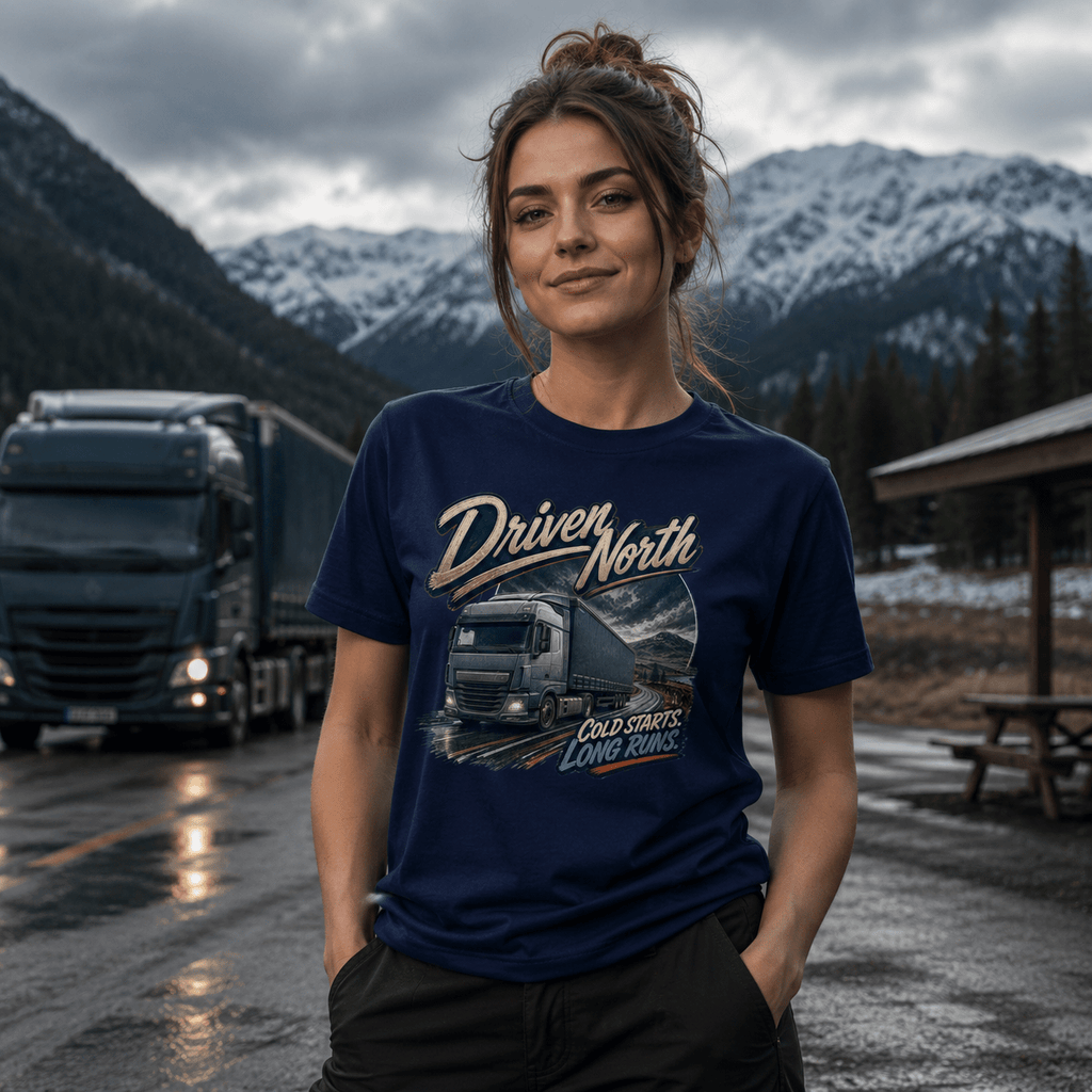 Model wearing the Camberline Driven North Curtainside T-Shirt with lorry graphic clothing design