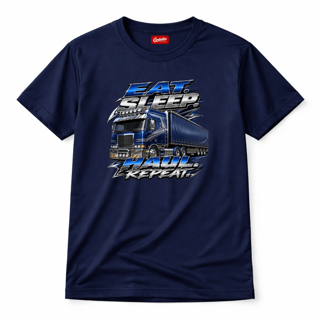 Navy blue t-shirt featuring a highly detailed illustration of a custom blue lorry with metallic chrome text reading Eat Sleep Haul Repeat.