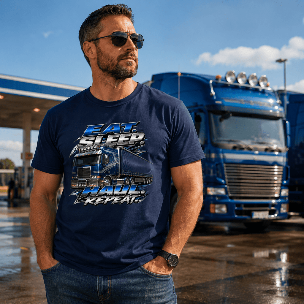 Man wearing a Navy blue t-shirt featuring a highly detailed illustration of a custom blue lorry with metallic chrome text reading Eat Sleep Haul Repeat.