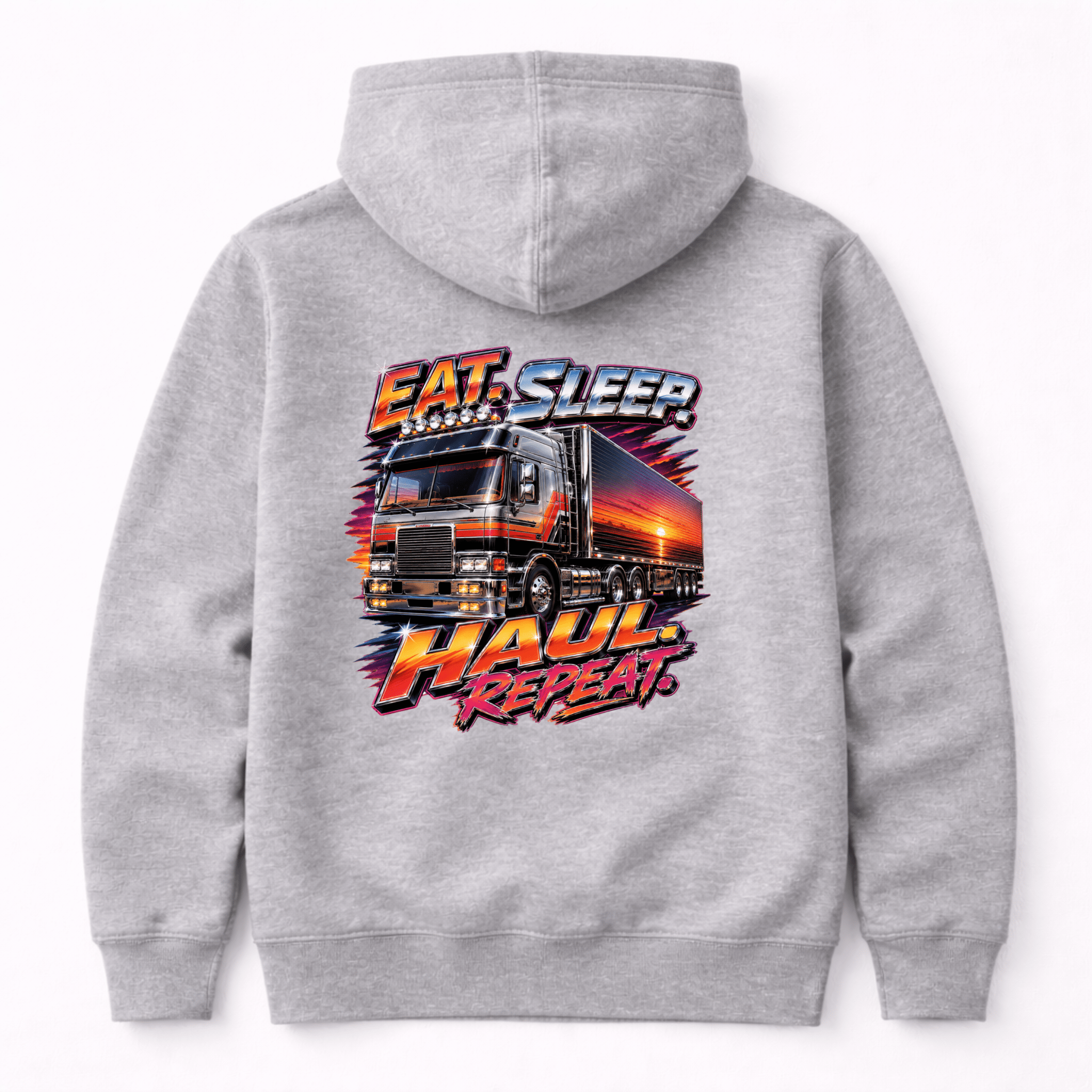 Back of a grey hoodie featuring an 80s retro synthwave graphic of a cab-over lorry at sunset with neon style text reading Eat Sleep Haul Repeat.